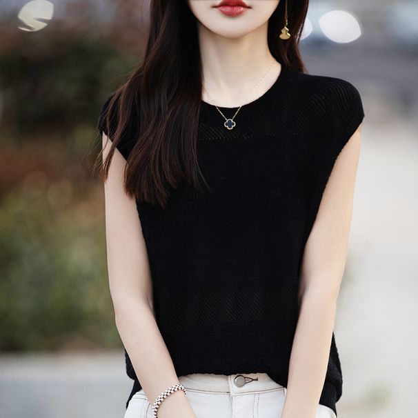 Summer 100% Pure Cotton Women's T-shirt Casual Hollow Knitted Pullover Sleeveless Loose V-neck Tees Pull Vest Tops_ecoleips.com