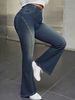 Women's Denim Look Flare Pants High Waisted Stretchy Bell Bottom Trousers With Vintage Wash Print Soft Knit Fabric For Casual_ecoleips.com