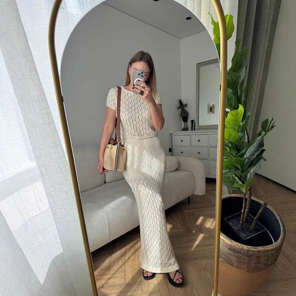 Women's Clothing Solid Color Elegant Solid Color Midi Skirt Set With Delicate Jacquard Collar & Lace Knit Top – Summer Women's Two-Piece Outfit_ecoleips.com