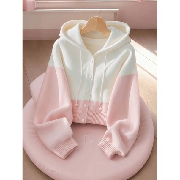Women's Clothing Pink White Color Block Hooded Knitted Cardigan Sweater Inspired Women's Top For Autumn Winter_ecoleips.com