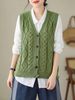 Women's Chic V-Neck Cable Knit Vest, Sleeveless Button-Up Sweater_ecoleips.com