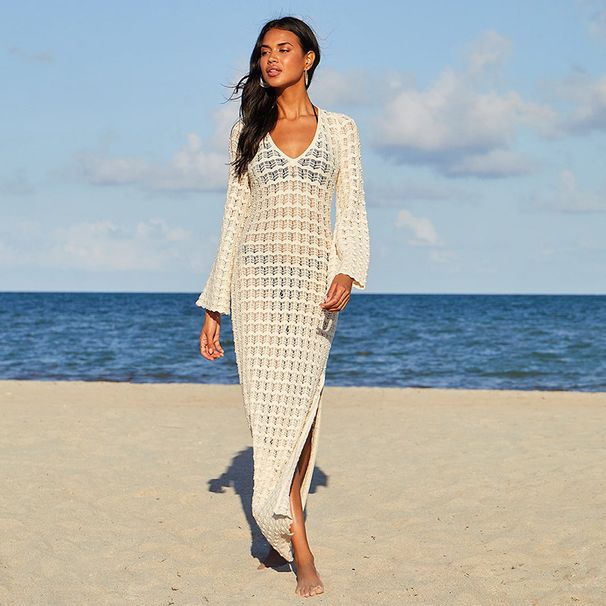 Women's Sexy Knitted Hollow-Out Beach Cover-Up Dress - Bikini & Blouse Set With UPF Sun Protection, Summer Vacation Wear_ecoleips.com