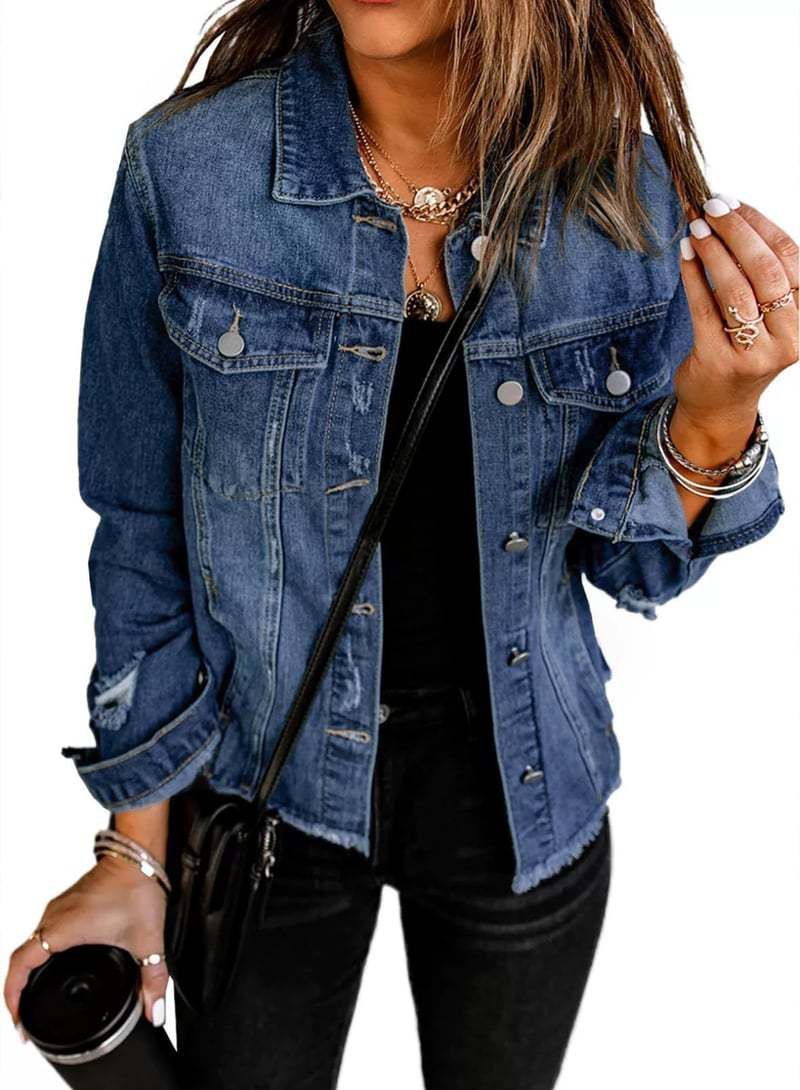 Vintage Washed Denim Jacket For Women – Non-Stretch Distressed V-Neck Long Sleeve Coat (S-2XL, Dark/Light Blue)_ecoleips.com