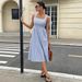 Summer Elegant Simple Women's Square Neck Dress Waist Cinching Striped Sleeveless Casual Clothing_ecoleips.com