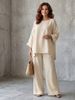Women's Simple Linen Blend Shirt And Wide Leg Pants Set Crew Neck Loose Fit 2026 New_ecoleips.com