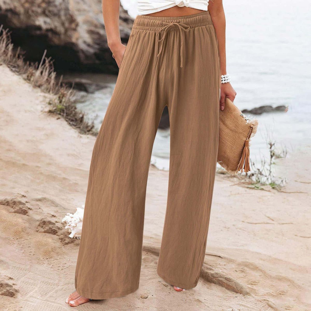 Classic Solid Color Relaxed Fit Casual Pants - No Drawstring Hem, Soft Stretch Polyester Blend, Multiple Colors & Extended Sizes (S-5xl)_ecoleips.com