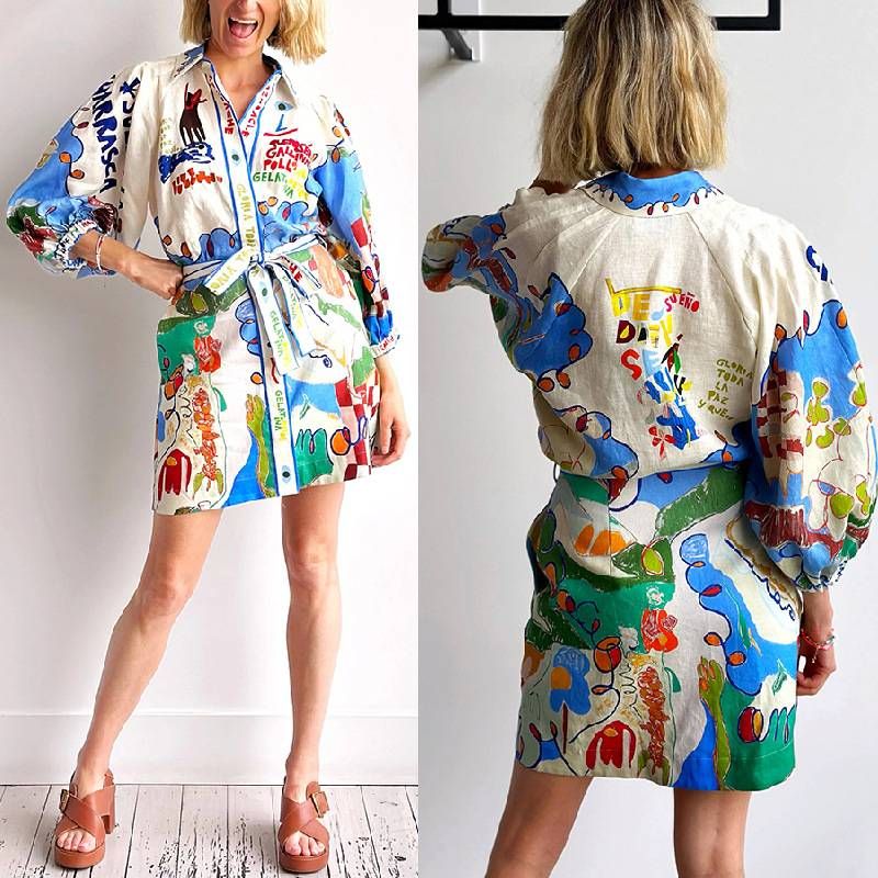 Women's Clothing Linen Casual Printed Shirt Cardigan Lace Up Dress_ecoleips.com