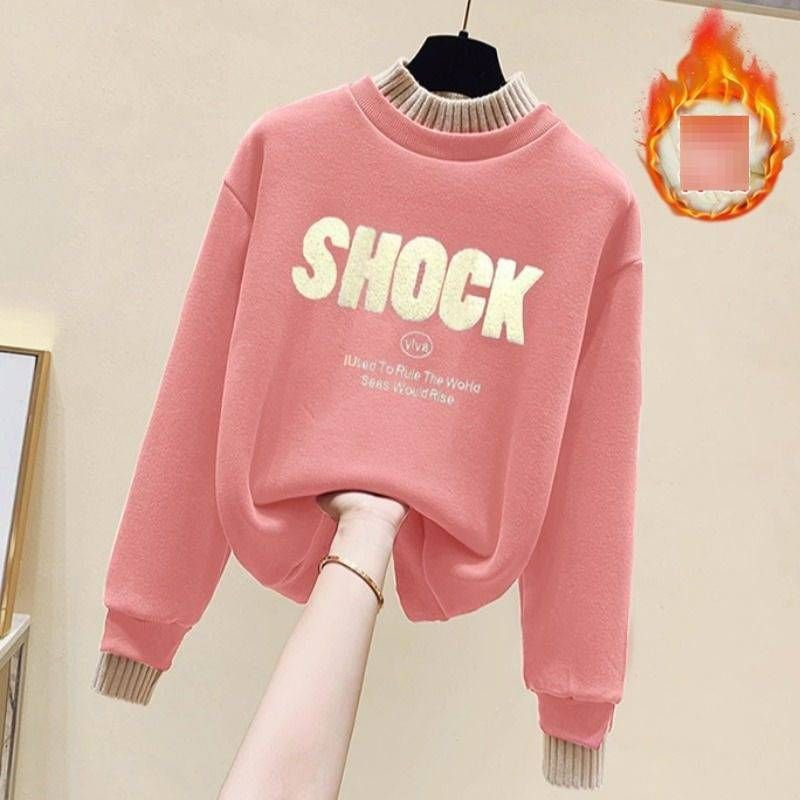 Winter Layering Set: Faux Two-Piece Mock Neck Top + High-Waist Fleece Pants (Cotton Blend, Minimalist Letter Print, Warm Loungewear For Women)_ecoleips.com