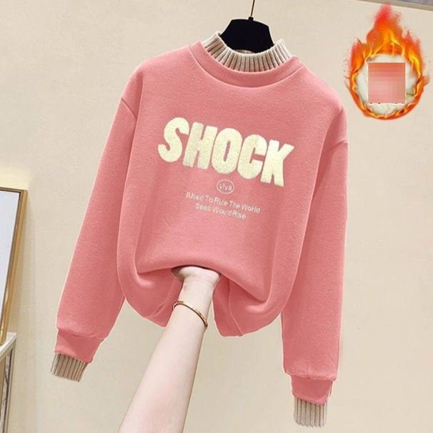 Winter Layering Set: Faux Two-Piece Mock Neck Top + High-Waist Fleece Pants (Cotton Blend, Minimalist Letter Print, Warm Loungewear For Women)_ecoleips.com