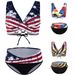 Women's High-Waisted Two-Piece Bikini Swimwear European American Style Flag Design Tie Rope Detailing_ecoleips.com