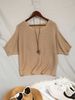 Women Lightweight Breathable Marled Knit Top Off Shoulder 3/4 Bubble Sleeve Loose Ruched Waist Knit Blouse_ecoleips.com