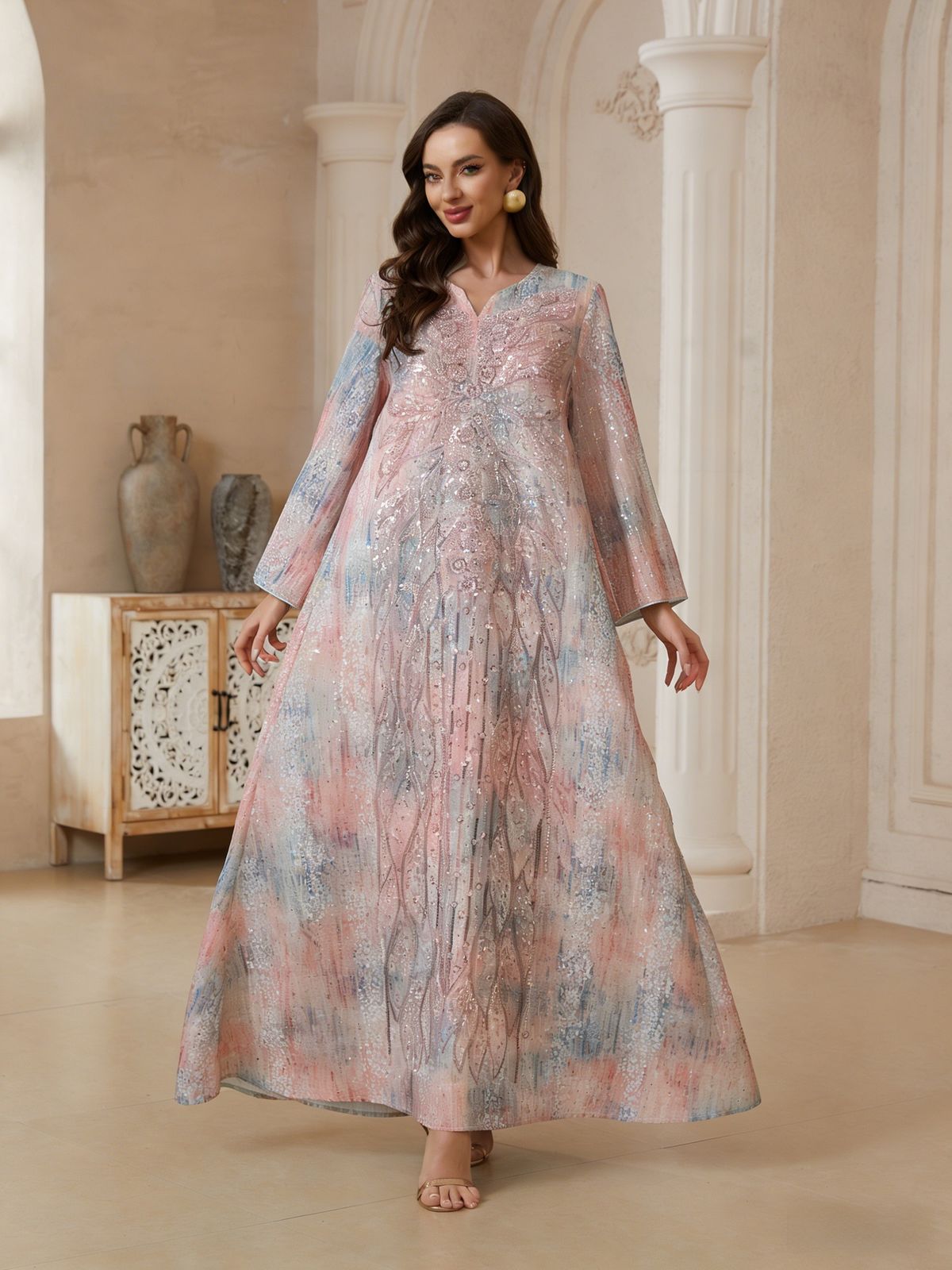 NC182 Women's Elegant Embroidered Sequined Long Dress Textured Full Skirt Sophisticated Style Muslim Fashion_ecoleips.com