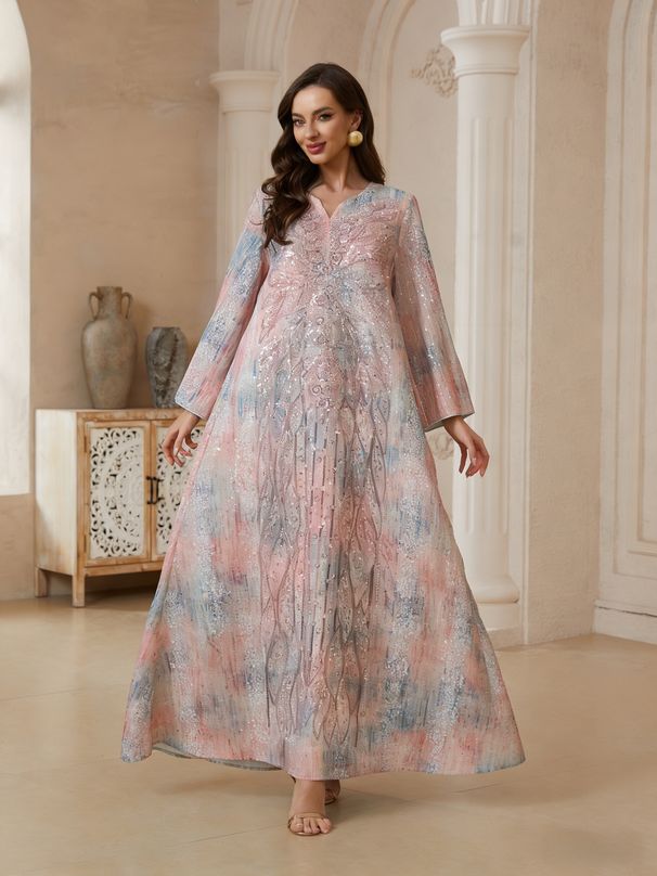 NC182 Women's Elegant Embroidered Sequined Long Dress Textured Full Skirt Sophisticated Style Muslim Fashion_ecoleips.com