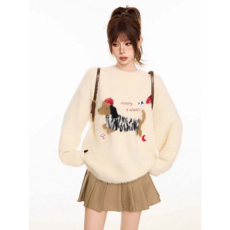 girl American Embroidered Round Neck Pullover 2025 Puppy Autumn Winter Loose Lazy Top Knitted Sweater For Women New Style_ecoleips.com