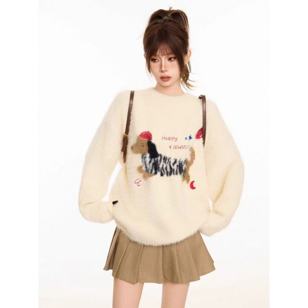 girl American Embroidered Round Neck Pullover 2025 Puppy Autumn Winter Loose Lazy Top Knitted Sweater For Women New Style_ecoleips.com