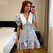 Talenza Ruffle Printed Mini Dress Fashion V-Neck Single Breasted Summer Slim Printed Dress Vintage Elegant Y2k Women Dress 2025_ecoleips.com