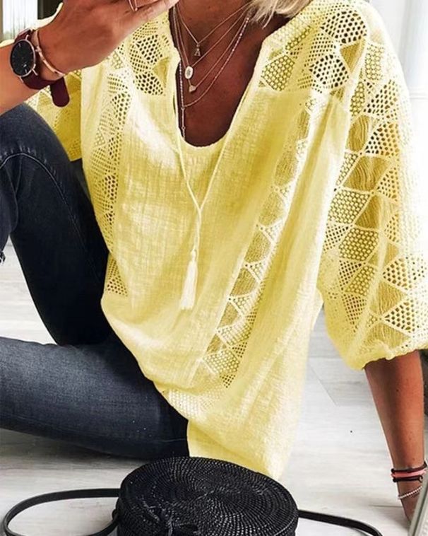 Women's Clothing new lace shirt lace hollow stitching U neck three quarter sleeve T shirt for women_ecoleips.com