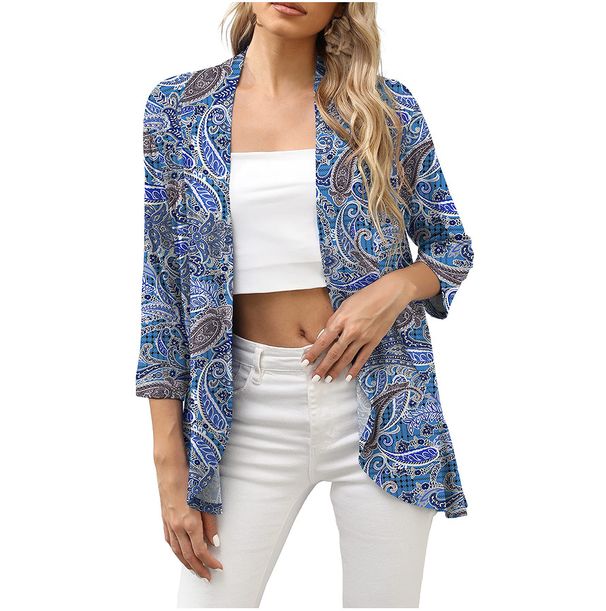 Women's Printed Knit Cardigan Lightweight Boho Chic Floral Solid Color 3/4 Sleeve Cover-Up Spring Summer Layering Essential_ecoleips.com