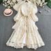 Women's Clothing Style Elegant Stand Up Collar Single Breasted Heavy Hook Flower Embroidery Lantern Sleeve Tie Waist Long Dress_ecoleips.com