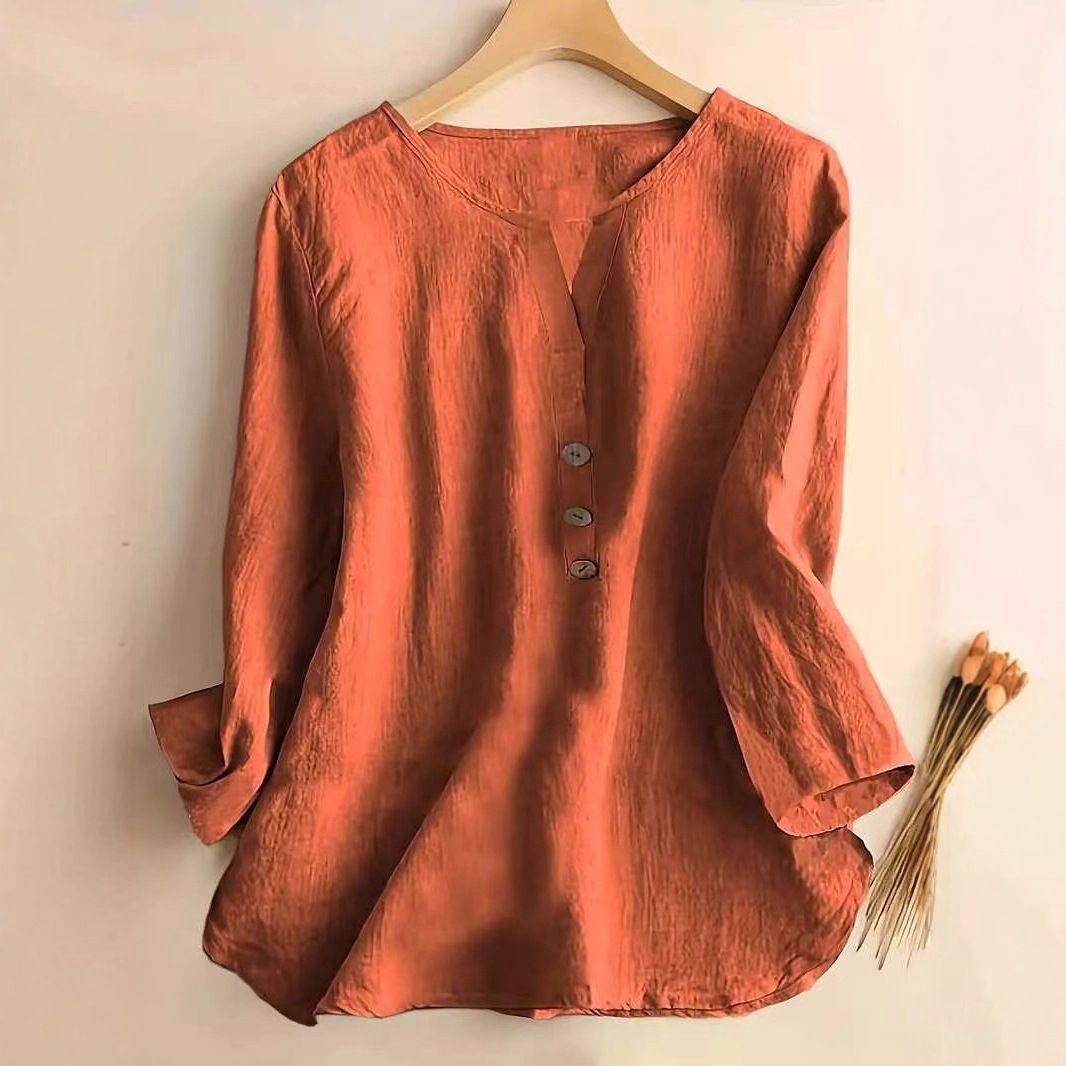 Women's Clothing Mid Length Casual Shirt Artistic Style Effortless Elegance – Lightweight V-Neck Tunic Blouse With 3/4 Sleeves For Casual Chic_ecoleips.com