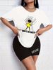 Summer Women's Casual And Fashionable Cartoon Letter Graphic Printed Loose T-shirt Shorts Two-piece Set Sportswear Suitable For Daily Wear-145_ecoleips.com