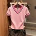Elegant Women's Color Block V Neck T-Shirt French Style Ice Silk Knit Slim Fit Short Sleeve Top For Spring/Summer_ecoleips.com