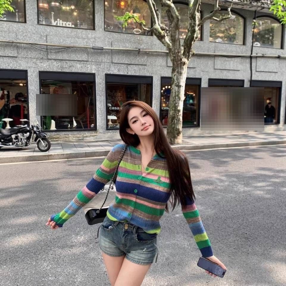 Girls Saturn Rainbow Striped Thin Stretch Knit Cardigan Women's Atmosphere Inspired Multiple Colors Available Top_ecoleips.com
