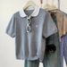 Women's Clothing Gray Babydoll Shirt Straight Shoulder Knitted Short Sleeved T Shirt Female Summer New Small Lapel Slim Short Top_ecoleips.com