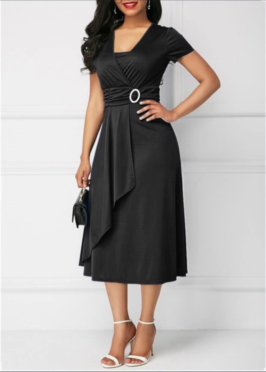 2026 Women Asymmetric Big Swing V Neck Dress, Fashion Elegant European American Casual Dress_ecoleips.com