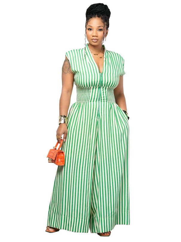 Women's High-Waisted Striped Jumpsuit V Neck Sleeveless Summer Romper European And American Style Wide Leg Trousers with Zipper Elastic Waist_ecoleips.com