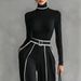 Autumn Winter Women's Elegant Two Piece Set Stand up Collar Contrast Color Hem Slimming Long Sleeve Knit Wide Leg Pants_ecoleips.com