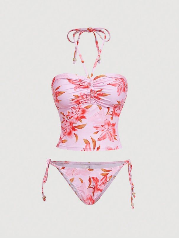 Women's Tankini Set Printed Halter Neck Swimsuit With Ties Two Piece Swimwear For All Seasons_ecoleips.com