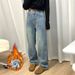 Women's Clothing Plush Warm Straight Jeans Thick High Waist Narrow Version Wide Leg Trousers_ecoleips.com