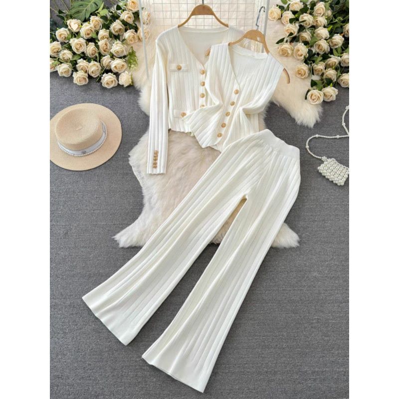 Women's Fashion Knitted Two-Piece Set Long Sleeved Stand Collar Sweater And Wide Leg Pants Loose Fit For Spring And Autumn_ecoleips.com