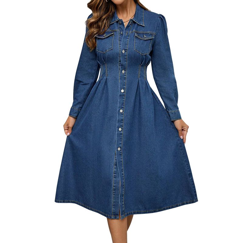 Elegant Denim Slim Fit Long Sleeved Dress for Women Independent Website Cross Border Factory Direct Sales Regular Fit Spring/Autumn Summer Dress_ecoleips.com