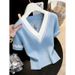 Fashionable Short Sleeve Knit Top For Women - Stylish Color Block Design, Breathable Lyocell Fabric, Casual & Office Wear (White, Blue, S-XL)_ecoleips.com