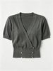French Elegant V - Neck Crossover Design Double - Row Gold Button Short - Sleeve Knit Top_ecoleips.com