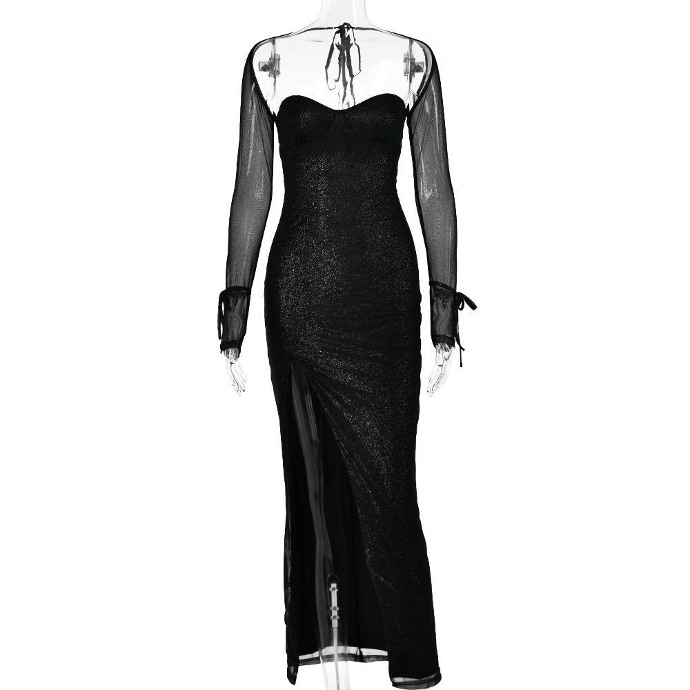 Women Stylish Figure‑Flattering Maxi Dress With Strapless Neckline, Long Sleeves, Open‑Back Detail & High‑Slit Hem_ecoleips.com