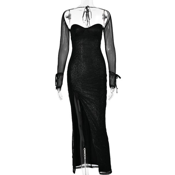 Women Stylish Figure‑Flattering Maxi Dress With Strapless Neckline, Long Sleeves, Open‑Back Detail & High‑Slit Hem_ecoleips.com