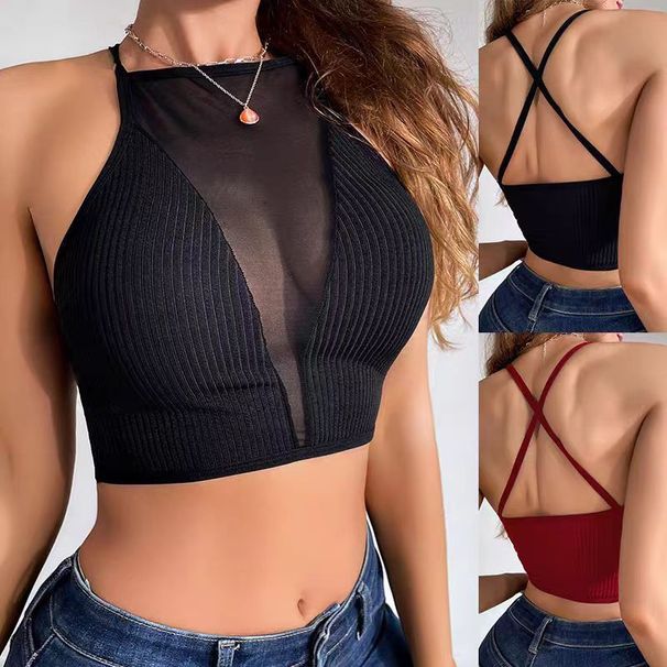 Ins-style European And American Short Tank Top, Sexy Mesh Hollow-out Cross-strap Backless Deep V-neck Spring-summer_ecoleips.com