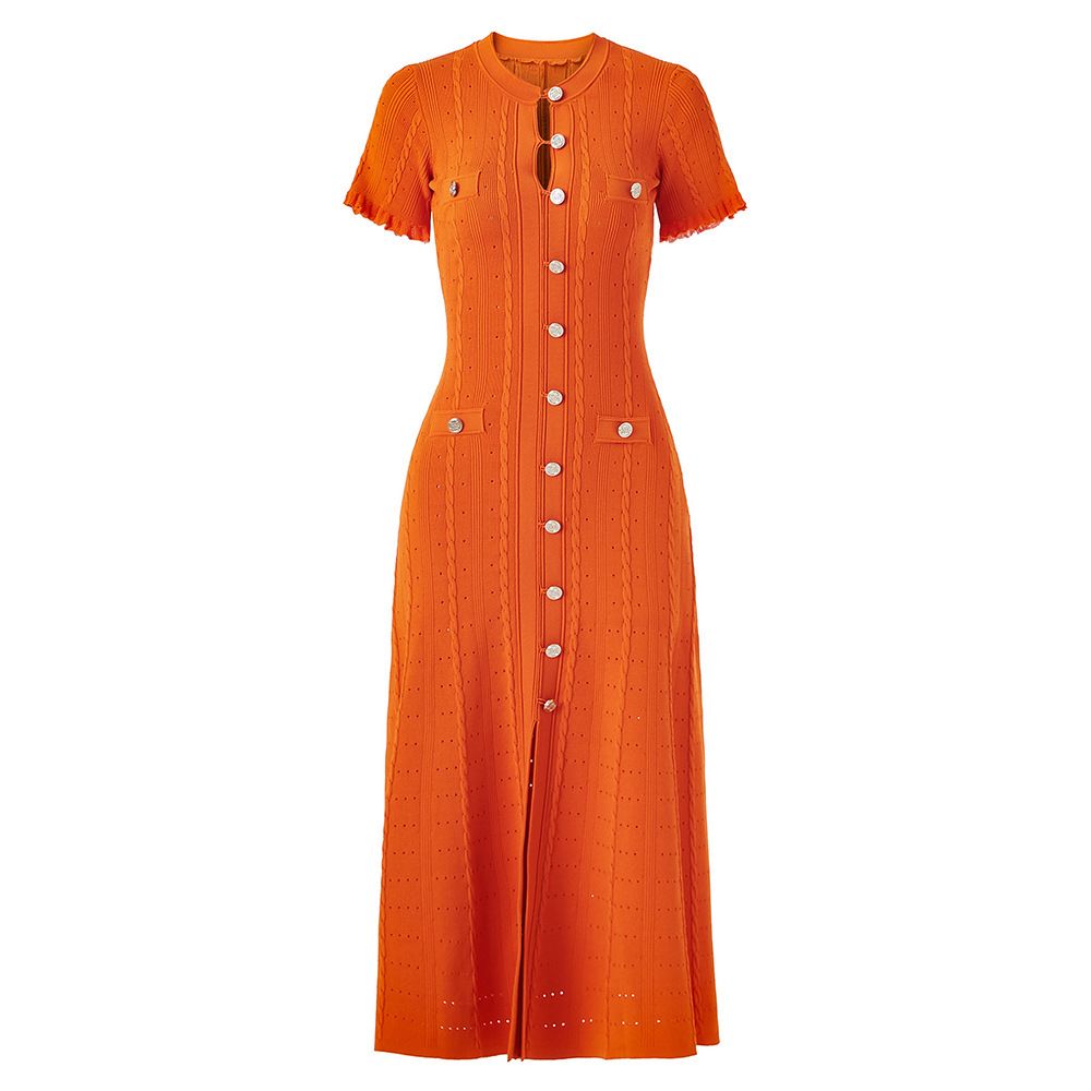 Elegant Petite Women's Knit Dress with round Neck Short Sleeve Lace-Up Detail Ribbed Button-Down Midi Dress_ecoleips.com