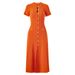 Elegant Petite Women's Knit Dress with round Neck Short Sleeve Lace-Up Detail Ribbed Button-Down Midi Dress_ecoleips.com