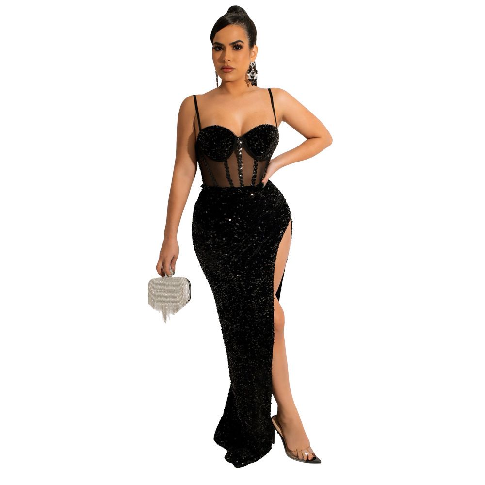 Women's Clothing sexy suspender waist waist see-through high slit leaking backpack hip dress_ecoleips.com