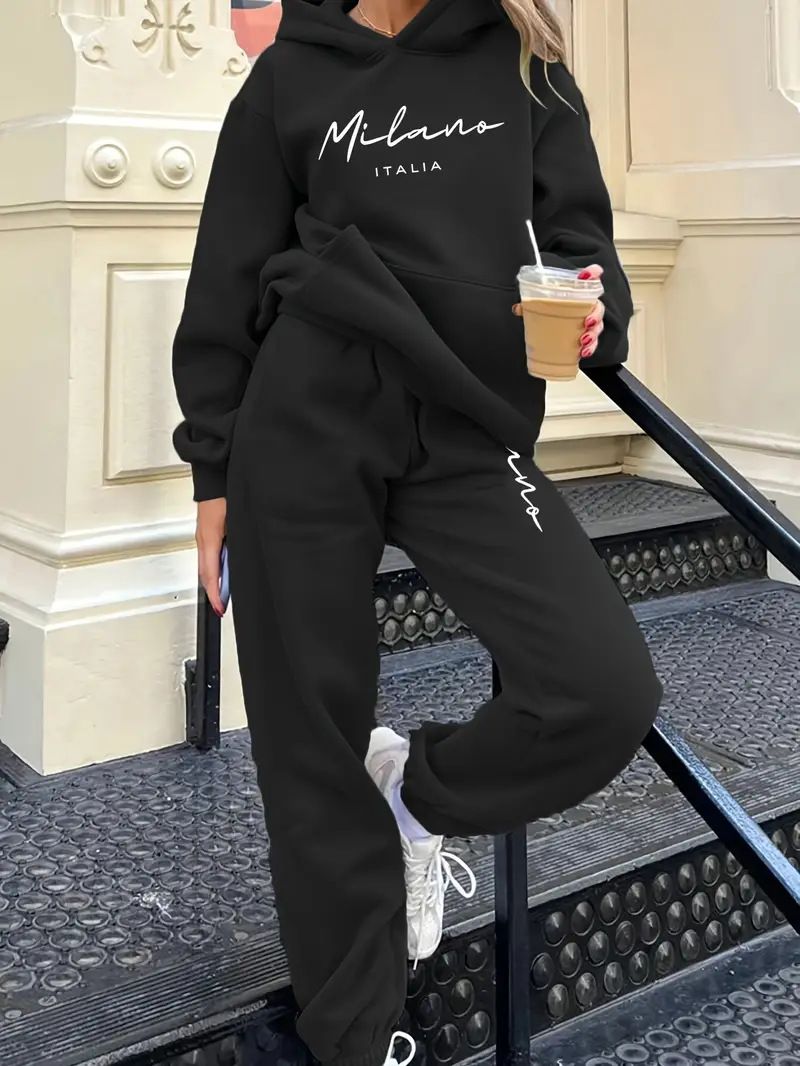 Women's Hooded Sweatshirt With Print - Casual Winter Outfit Set, Comfortable Pullover & Joggers, Blue/Black, S-Xxl_ecoleips.com