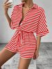 Women's Striped Collared Cardigan Button Down Mid Sleeve Jumpsuit With Belt Spring/Summer_ecoleips.com