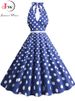 Women Vintage Halter Party Dress Summer Polka Dot Cocktail Prom Elegant Midi Dress_ecoleips.com