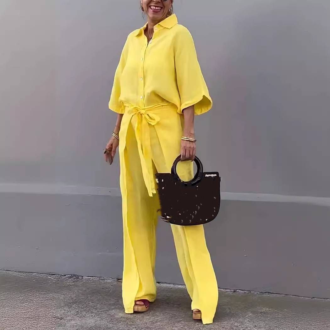 Women's Clothing Casual Cotton And Linen Solid Color Shirt Belt Wide Leg Irregular Pants Suit_ecoleips.com
