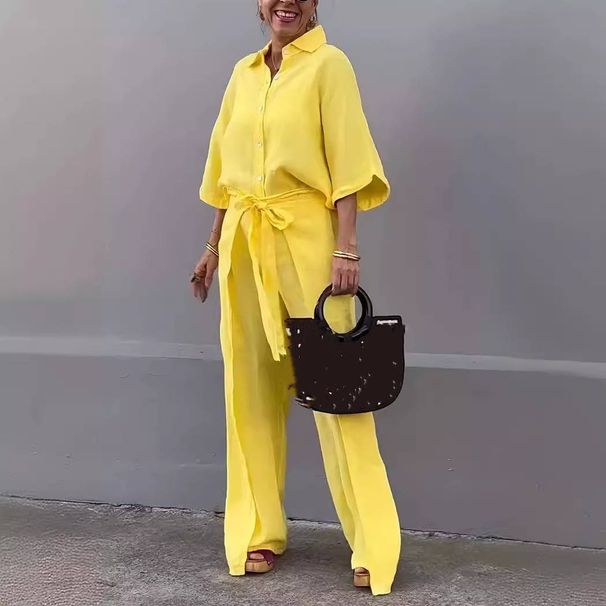 Women's Clothing Casual Cotton And Linen Solid Color Shirt Belt Wide Leg Irregular Pants Suit_ecoleips.com