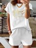Summer New Black Letter Patterned T-shirt, Casual Printed Round Neck Short Sleeved Top With Elastic Waist Pocket, Women's Two-piece Set-288_ecoleips.com