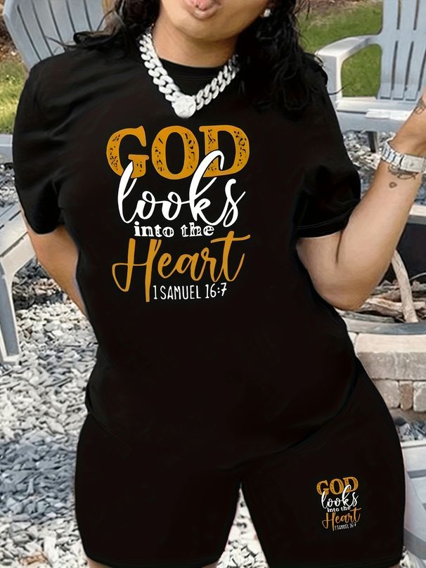 Summer Women's Casual Fashion GOD Letter Printed Loose T-shirt Shorts Two-piece Set Summer Sportswear Suitable For Daily Wear-172_ecoleips.com